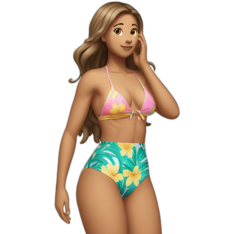 Slim-thicc Caucasian woman bikini hands-in-hair pose (beach body) full body emoji