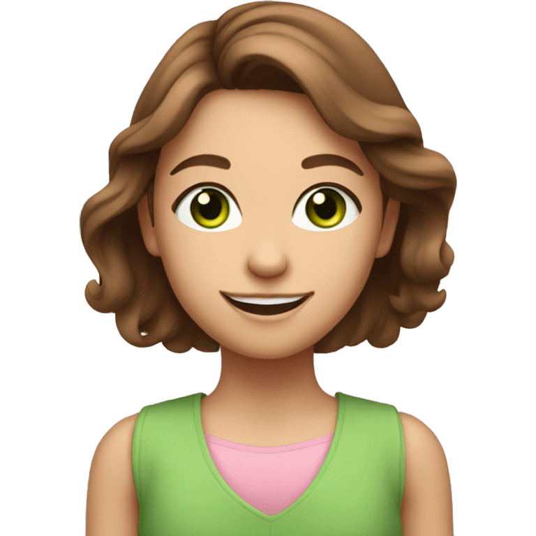 smiling girl with brown hair and green eyes in pink emoji