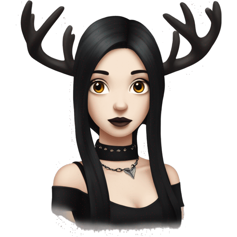 Portrait. Goth deer girl in a black sleeveless dress with a choker. White antlers with deer ears. Long Black hair emoji