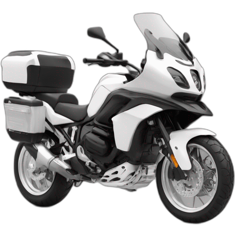 Moto tipo rally viajera sin alforjas y con maletero blanco y negro emoji