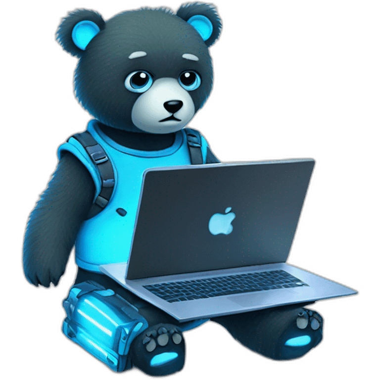 little blue neon punk bear with broken toy laptop emoji