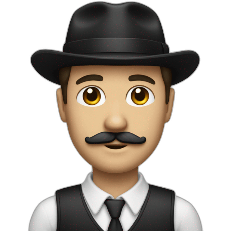 Un homme blanc avec un costume noir et une moustache noire et des cheveux noir plaqué emoji