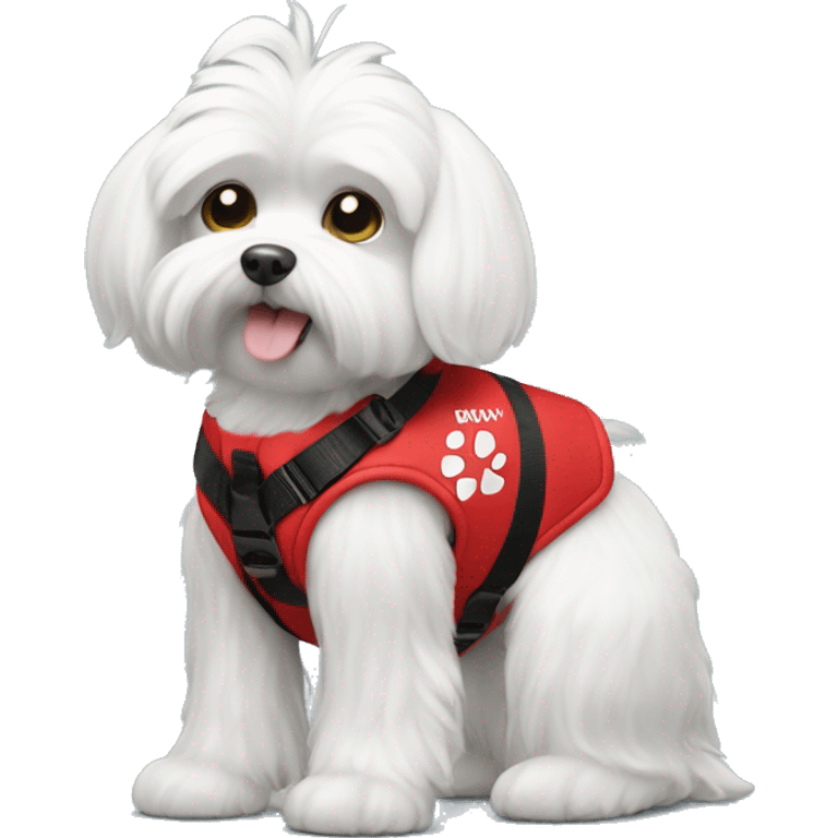 Maltese wearing a red service dog vest with to bleck straps one in the front one around the belly  emoji