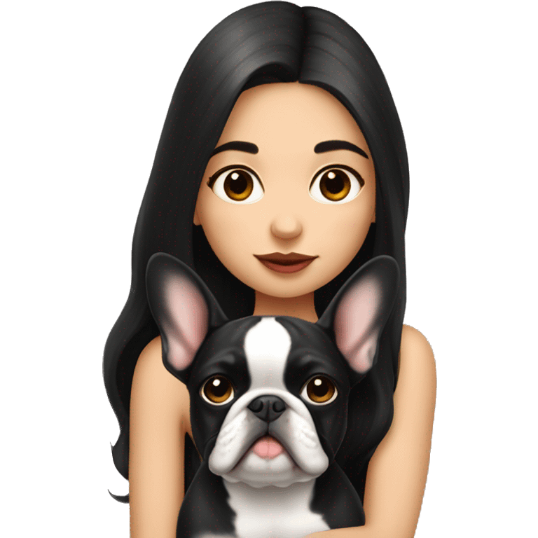 Girl with dark long hair kissing French bulldog  emoji