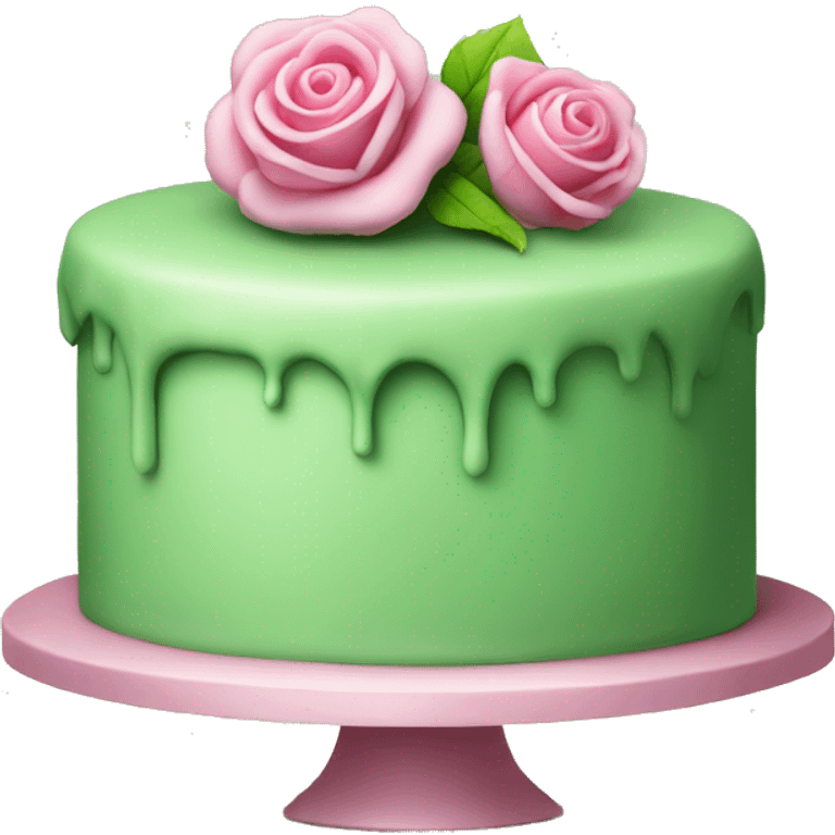 Green, round, cake. With small pink rose ontop emoji