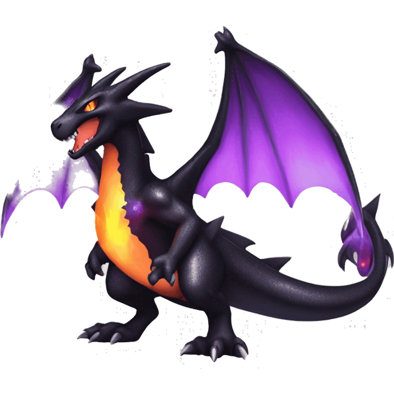 Black shiny sparkly Charizard-Fakémon with purple flame on tail full body emoji