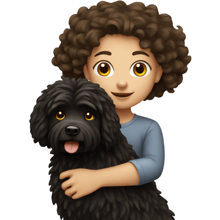 A brown hair girl playing whit her black puli dog emoji