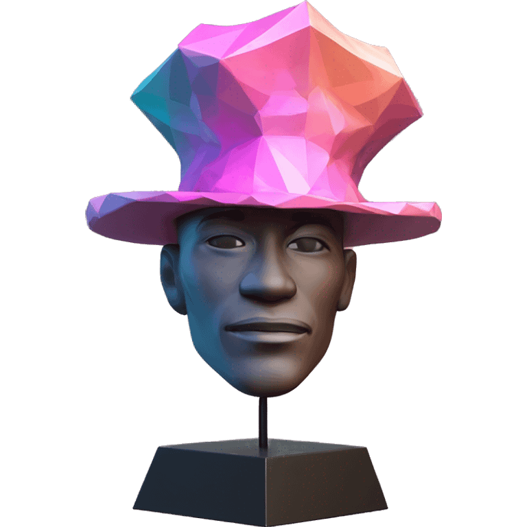 sculpture Mage hat without . Hat is geometric, faceted design. The hat is standing upright on a base with angular and baroque features. The vibrant midtone tints of pastels and pink highlights the sharp edges and planes. detailed hat no person is wearing emoji