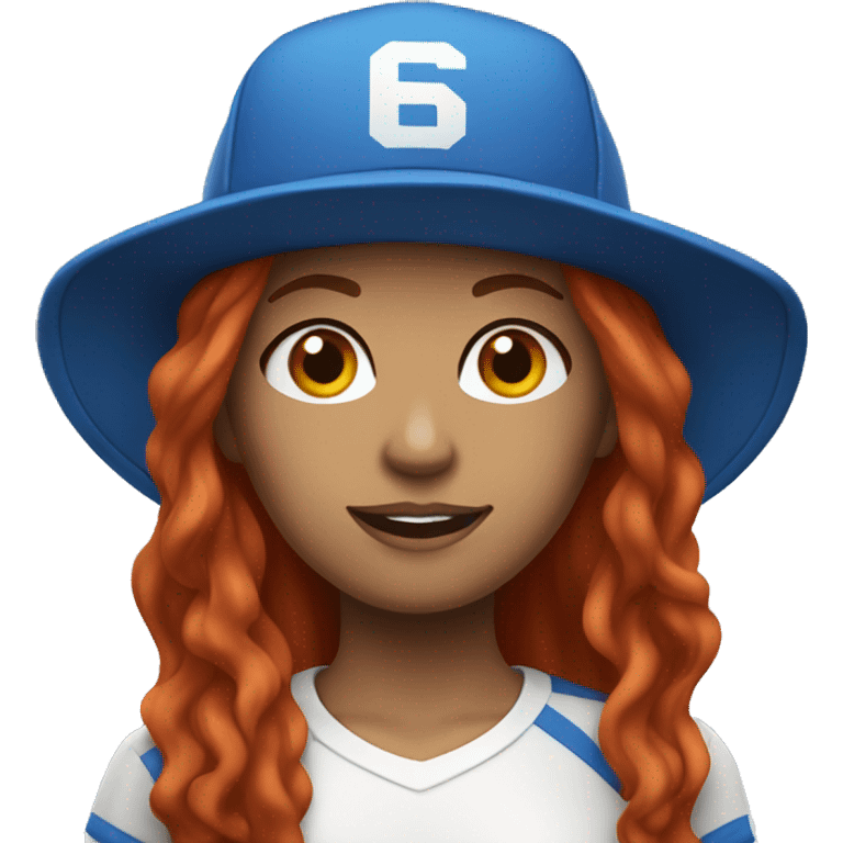 front facing standing female coach with long red hair, wearing a white t-shirt and a simple blue hat emoji