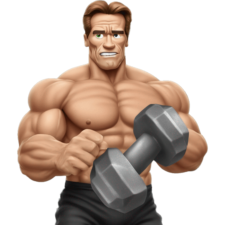 arnold schwarzenegger with dumbbell in a hand without t-shirt with grey eyes emoji