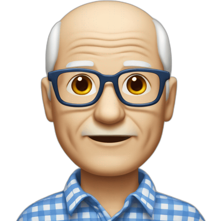 80-year-old grandfather with white skin color and glasses to see, wearing a white and blue checkered shirt. with white hair bald front of the head  emoji