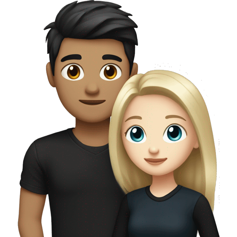 dark Blonde girl with blue eyes in black sweater and an east asian with light skin man with black hair and black eyes hugging emoji