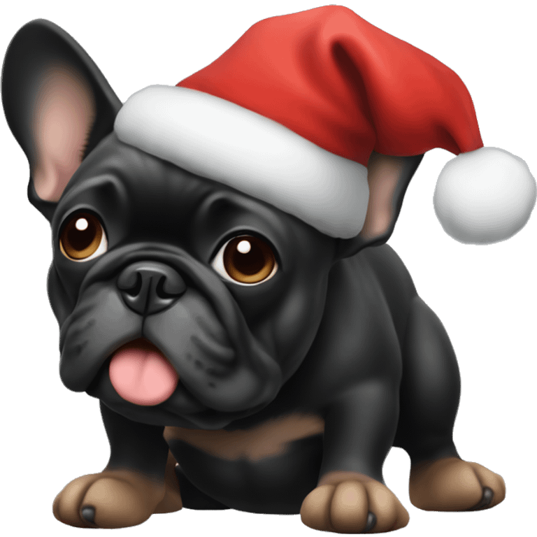 Mostly Black frenchie with tan paws wearing Santa hat and sitting emoji