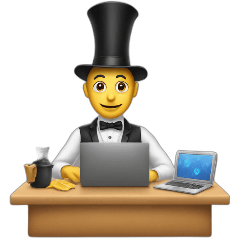 magician programming a laptop with an emoji of an idling truck on the screen emoji