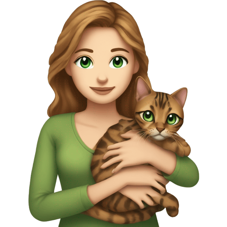 a beautiful girl with green eyes and brown hair is holding a Bengal cat with blue eyes in her arms emoji