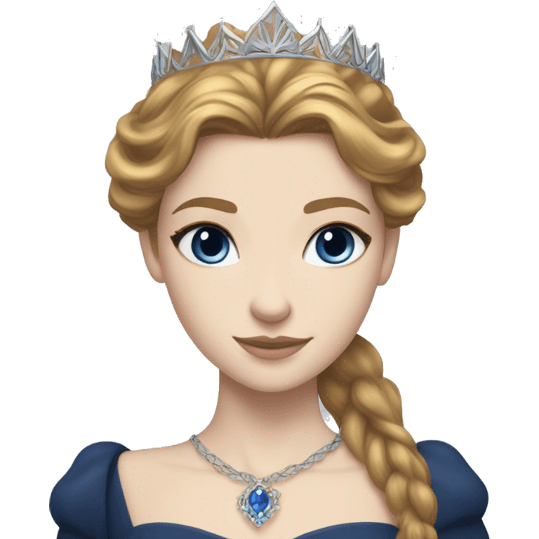 Feyre has pale skin, golden-brown hair and blue-grey eyes. She has a dark blue dress on with a silver crown emoji