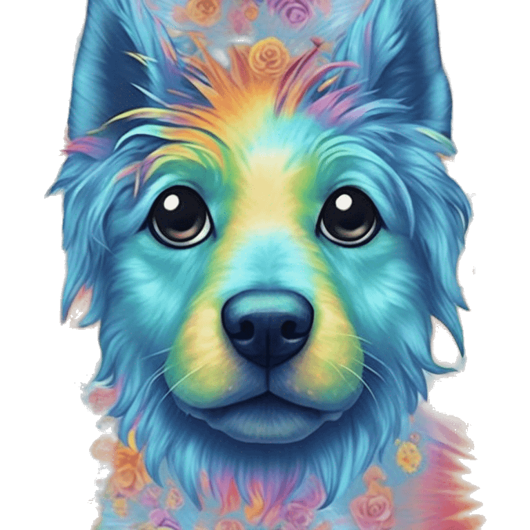 Multicolored rainbow retro groovy tie dye hippie trippy floral patterns on a metallic holographic iridescent blue dog face head unicorn emoji