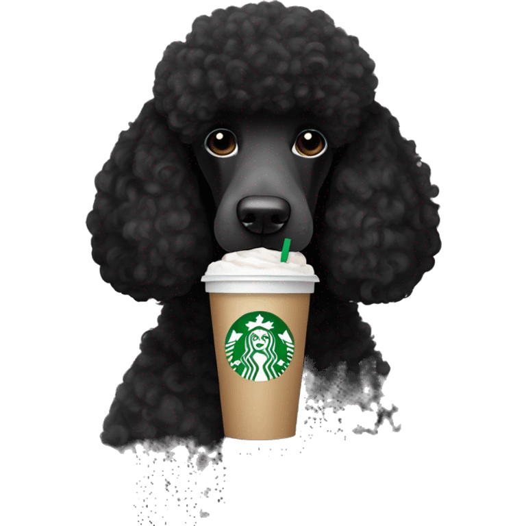 Black standard poodle holding a Starbucks drink emoji