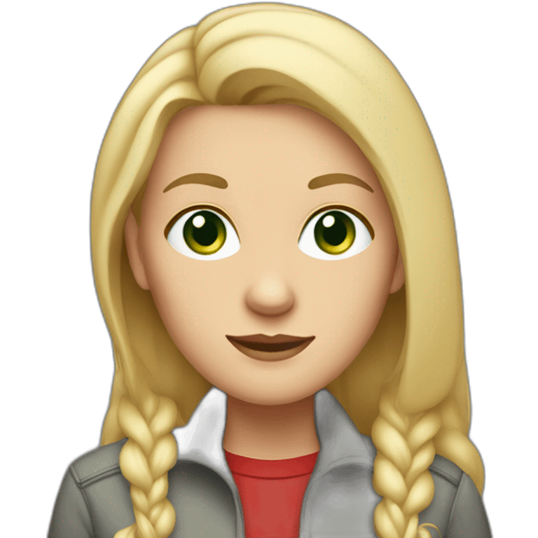 28 old women, white skin, long straight blond hair, green eyes, red shirt in a gray jacket emoji