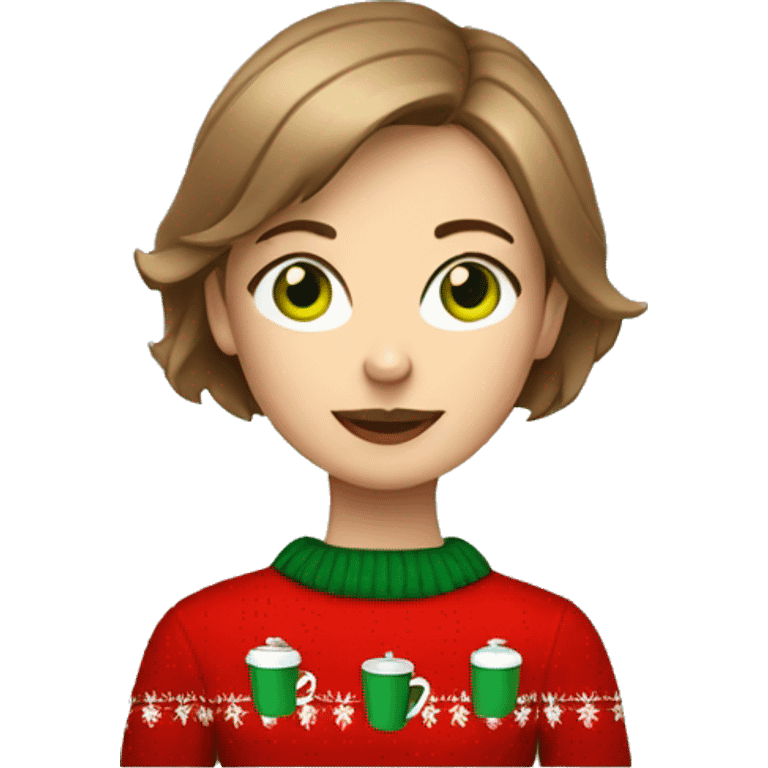 Light brown short haired girl with green eyes drinking coffee wearing red Christmas sweater emoji