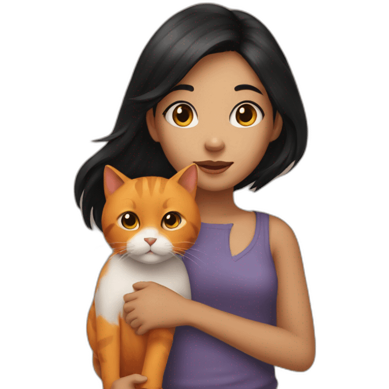 girl with black hair and holding a orange cat emoji