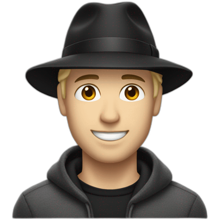 White smirking man with short blond hair wearing a fedora black hat, and a black adidas long sleeve sweater emoji