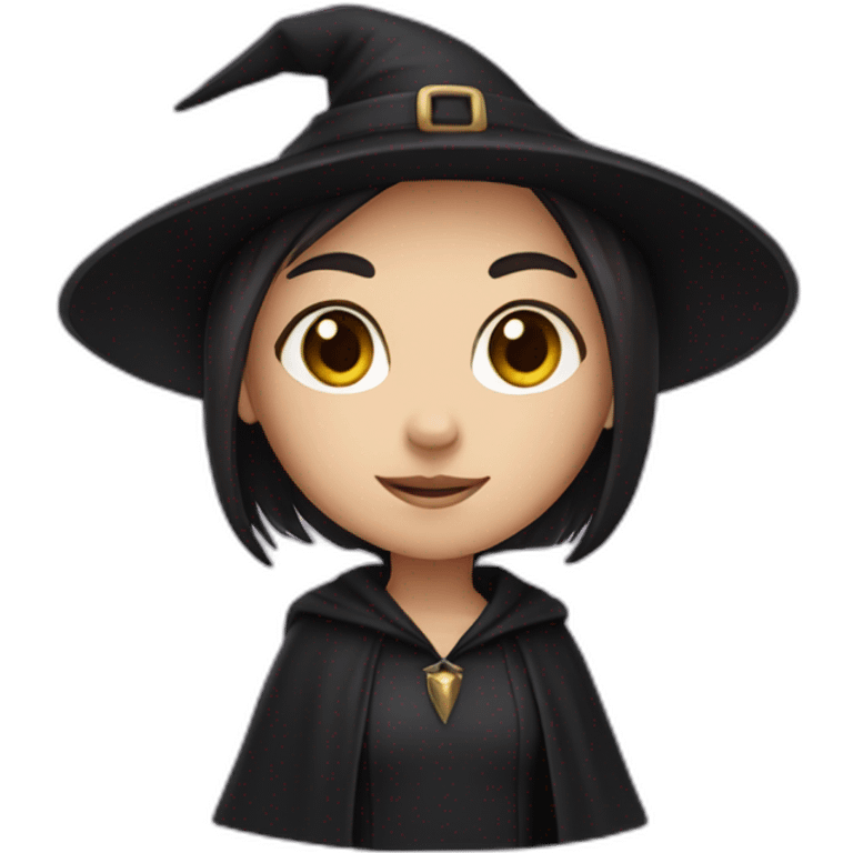 a young white brown thin girl with straight dark hair dressed as a witch emoji