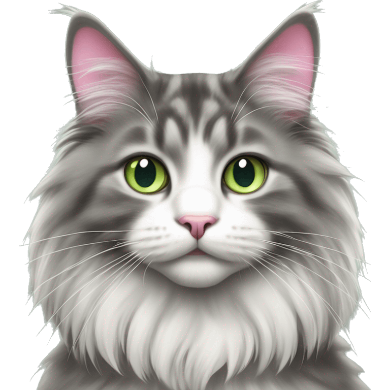 Grey and white Norwegian forest cat with pink nose and green eyes sitting up  emoji