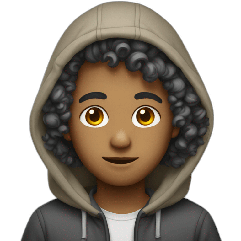 He has curly hair and is wearing a hoodie emoji