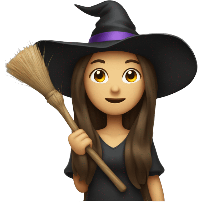 Witch with long brunette hair hat and and broom emoji