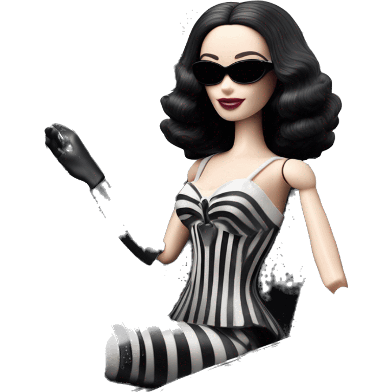 Darth Vader Barbie, 1910 teen Morticia Addams from academy, in dark-gray and black striped outfit. Smiling Driving Mercedes convertible sports car. Pale-white porcelain skin.  emoji