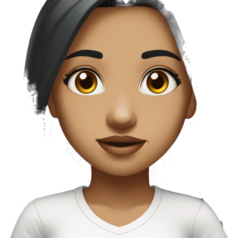 Mistimed girl with black hair and gold tilak  on her forehead with black flowing hair and wearing a white t-shirt with the words Crysis in American typeface.  emoji