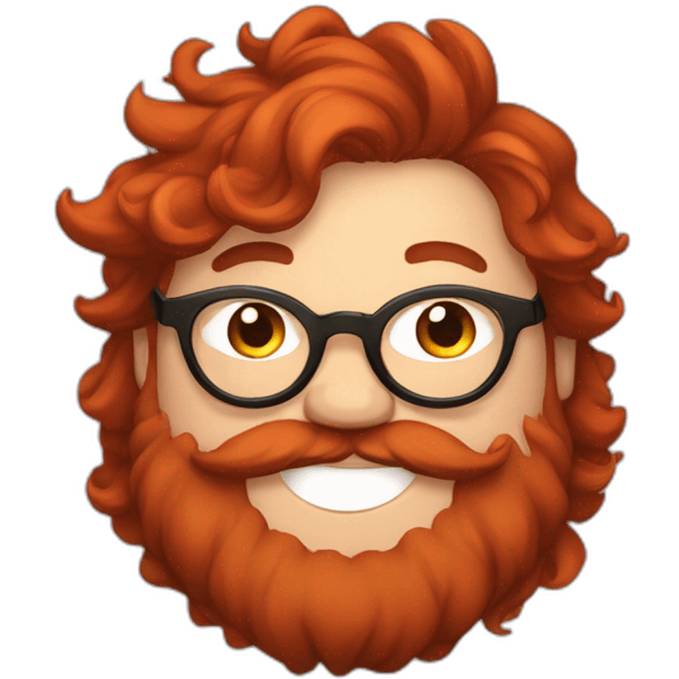 Chubby, non binary, round glasses, long brown hair and chaotic red beard, laughing emoji