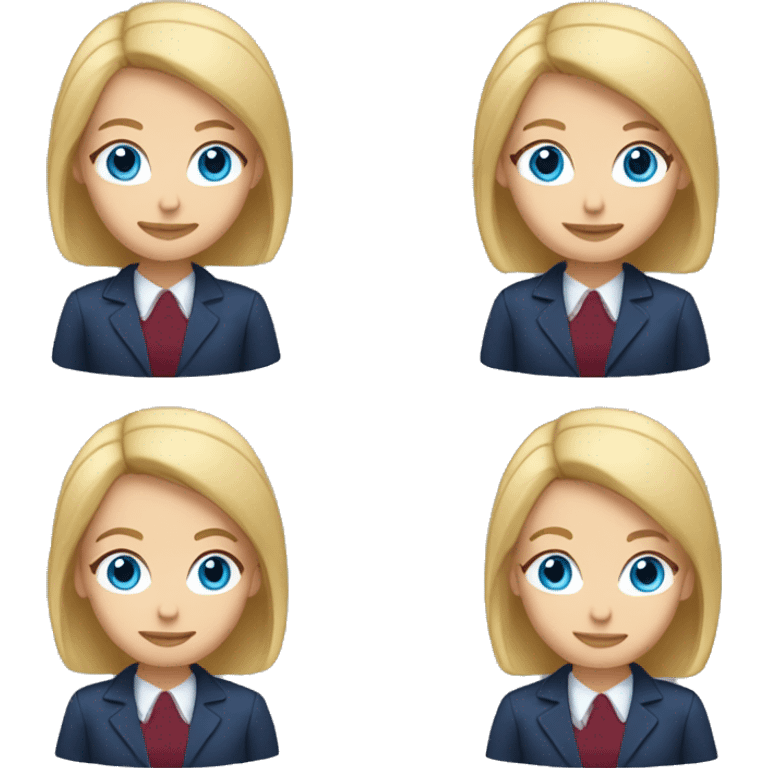 An adult girl, blue eyes, straight long bob blond hair, dark blue jacket suit, burgundy red office shirt. emoji