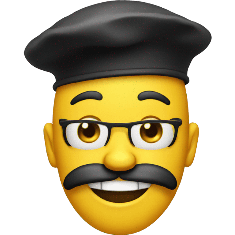 round yellow face with black beret, smiling with just one tooth, unkempt and unshaven emoji