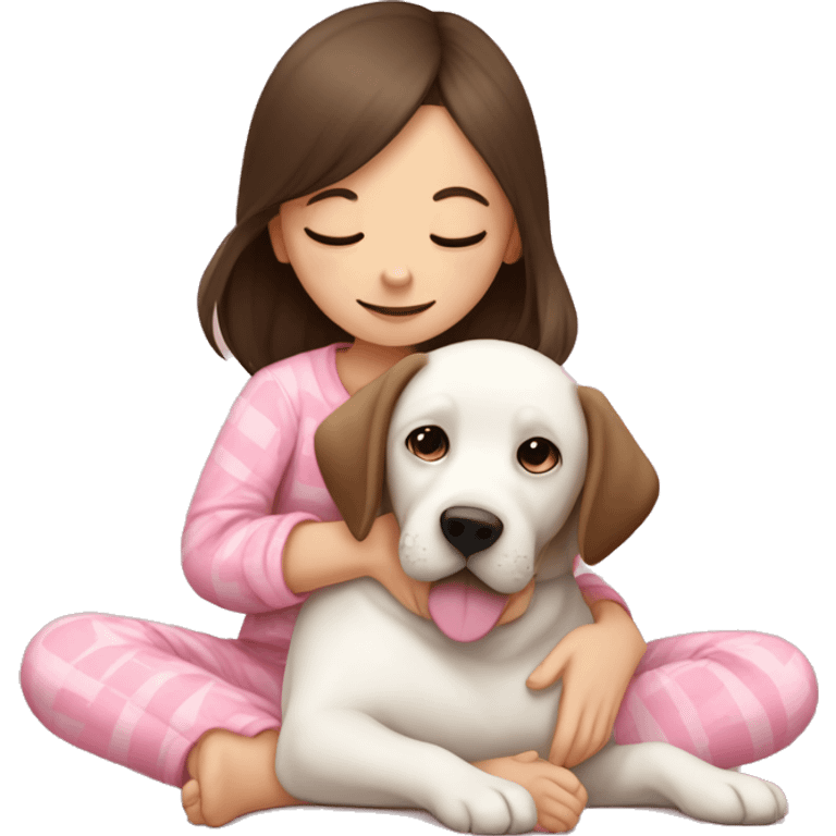 dark brown hair girl with pink Pyjama cuddling a white Labrador  emoji