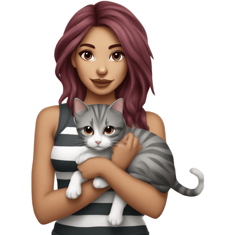 Beautiful burgundy haired tattooed woman holding gray and white striped long hair cat emoji