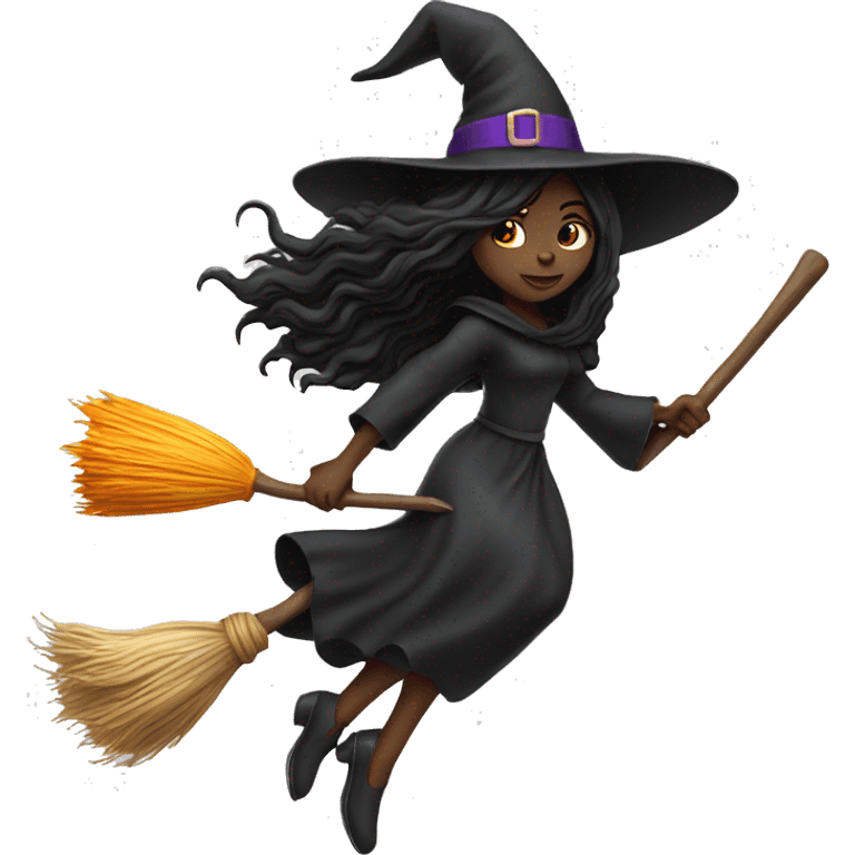 black long hair witch flying on a broom white skin emoji