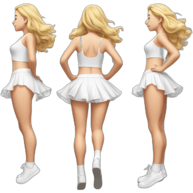 hyperrealistic-full-body-caucasian-curvy-beauty-jumping-small white-skirt-back-and-front-views-strong-wind-white knickers white socks emoji