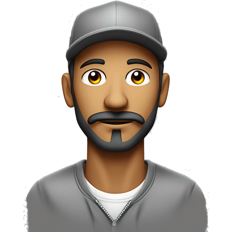 Hombre de piel clara, con ojos claros, barba fina, sin bigote, gorra negra bordada, y sudadera gris. Expresión relajada y estilo urban emoji