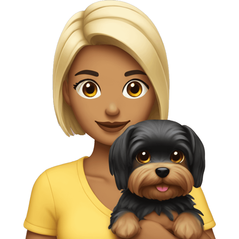 Chica morena paseando con dos yorkshire terrier negros emoji