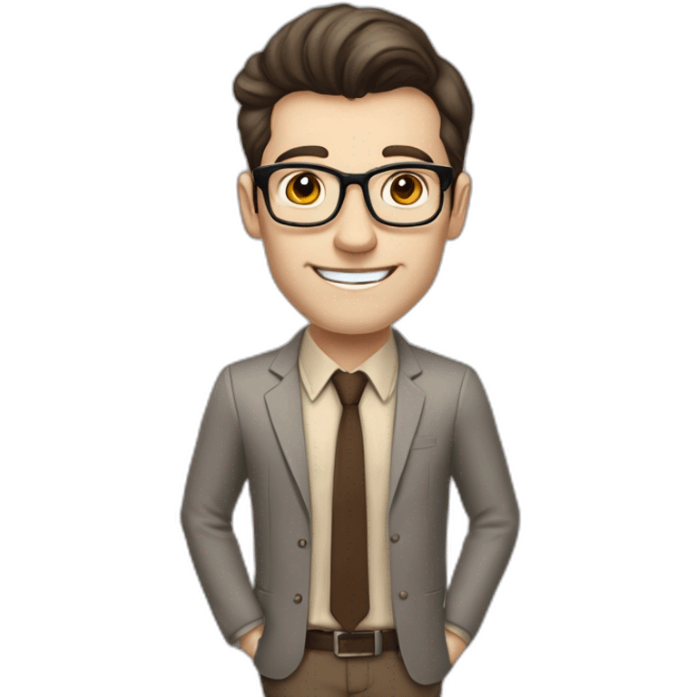 Pale skinned fit man with dark brown hair in gray jacket, beige office shirt, brown tie, brown pants and vintage glasses Writing on the flipchart emoji