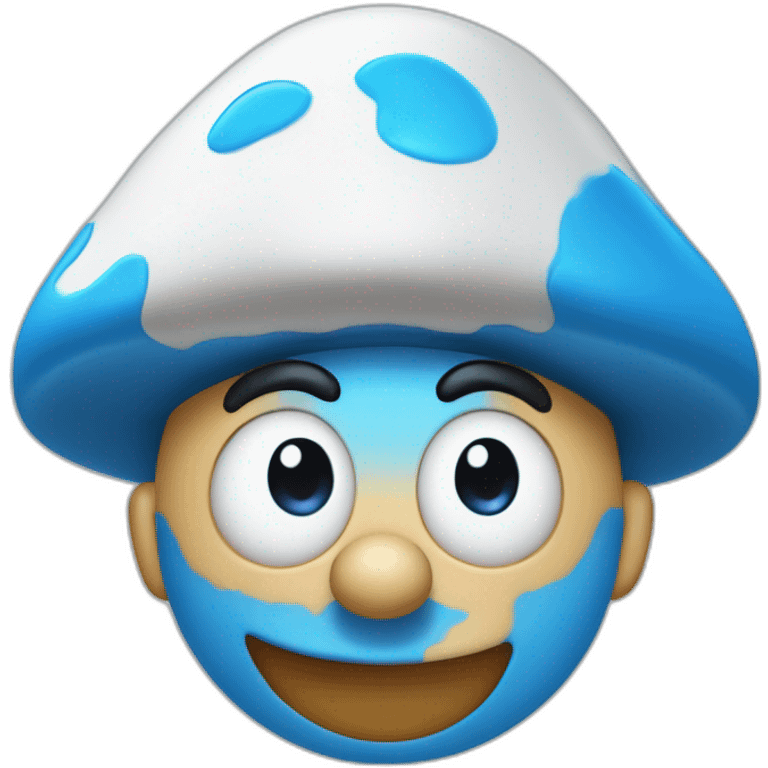 Blue smurf face with black eyes wearing a large white mushroom on his head casting a show on his face emoji