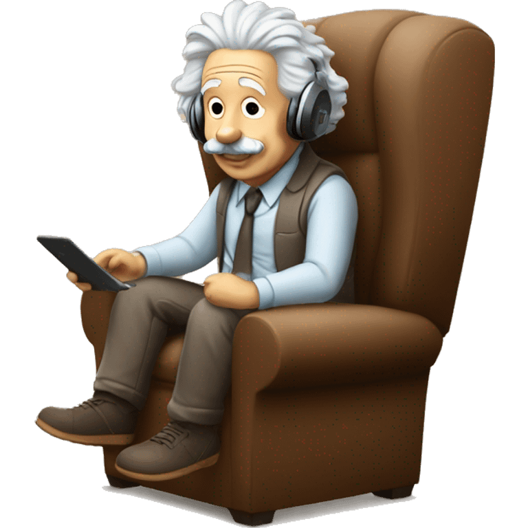 albert einstein happy listening music with just wireless headphones while sitting on the brown chair emoji