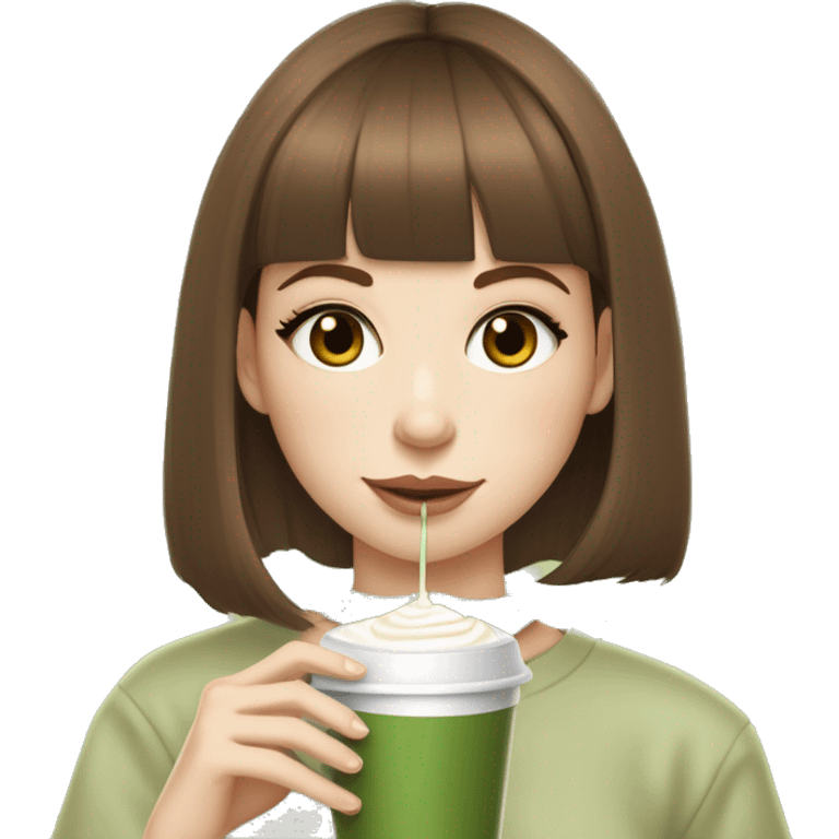 Chestnut brown haired straight haired girl with hazel eyes and bangs  and pale skin sipping a matcha latte, she also has tiny silver hoop earrings in emoji