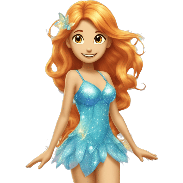 Bloom adult fairy of dragonflame in her enchantix fairy light blue sparkling two-piece clothing and fairy enchantix wings and long ginger hair in from winx club. Lots of sparkles and fairydust. Full body pic and full fairy bliss emoji