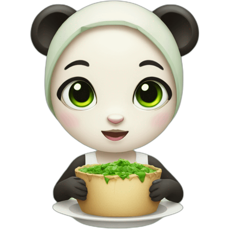 Green-eyed panda girl is eating emoji