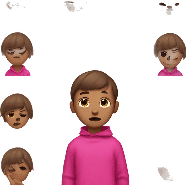 Boy with a brown bowlcut wearping bright pink clothes being sad emoji