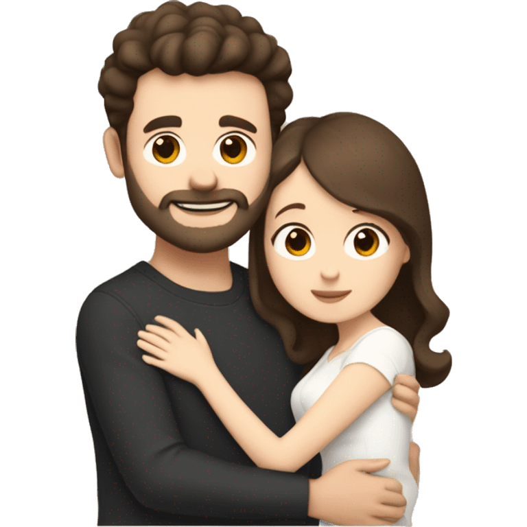 Young white man with short dark brown hair with a small beard hugging his white wife with dark brown hair and both of them hugging a beige and white Pomeranian  emoji