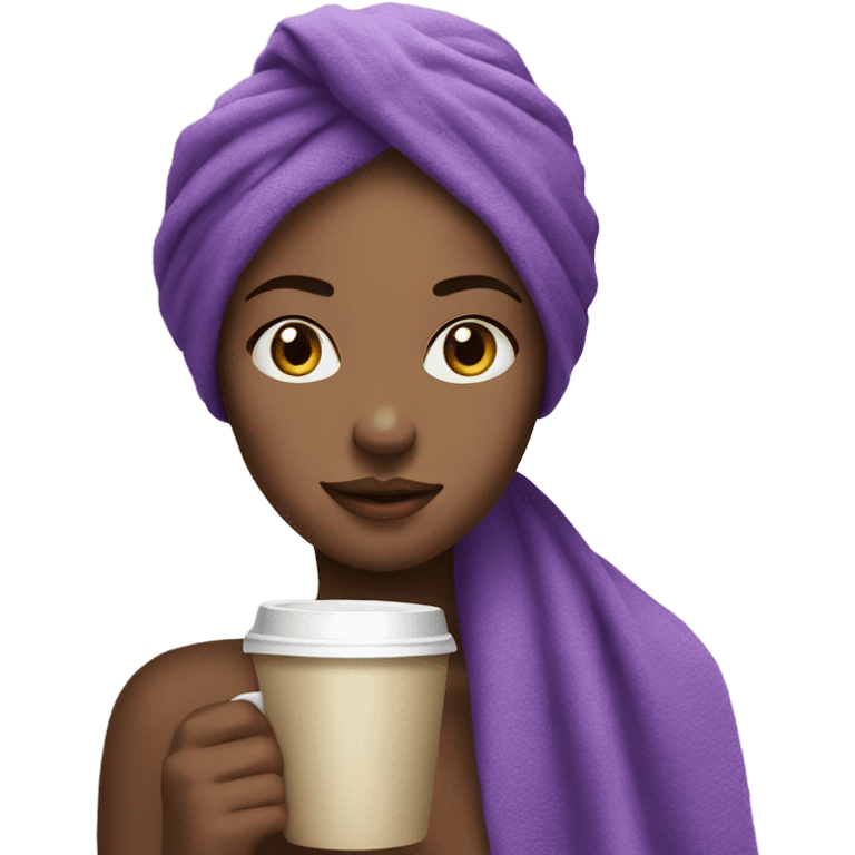 beautiful girl with a purple towel on her head drinks coffee emoji